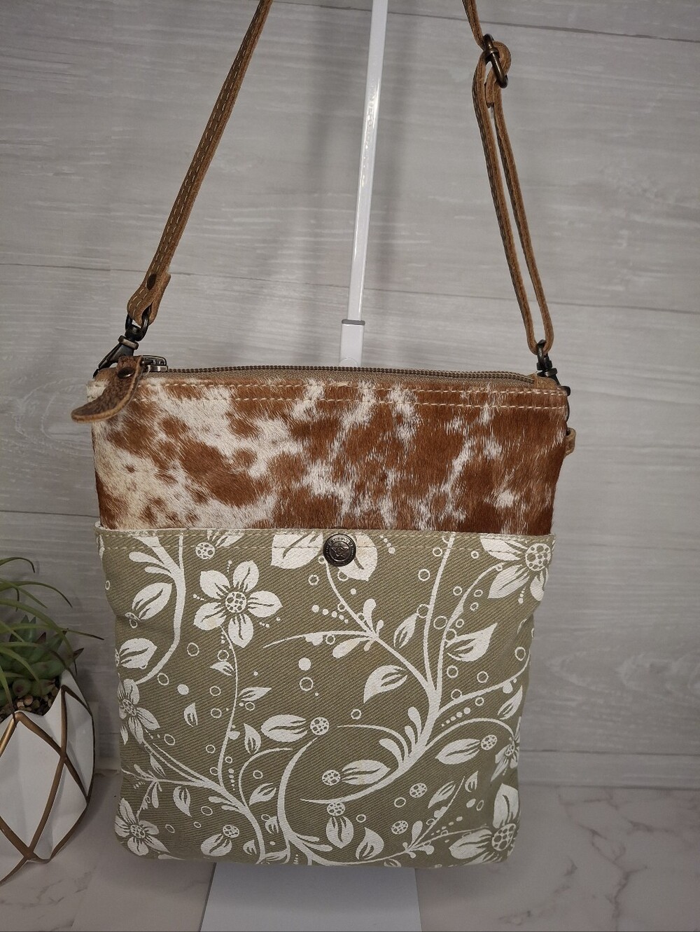 Myra Bag Verdant Hair-On Cowhide Floral Canvas Crossbody Bag EUC